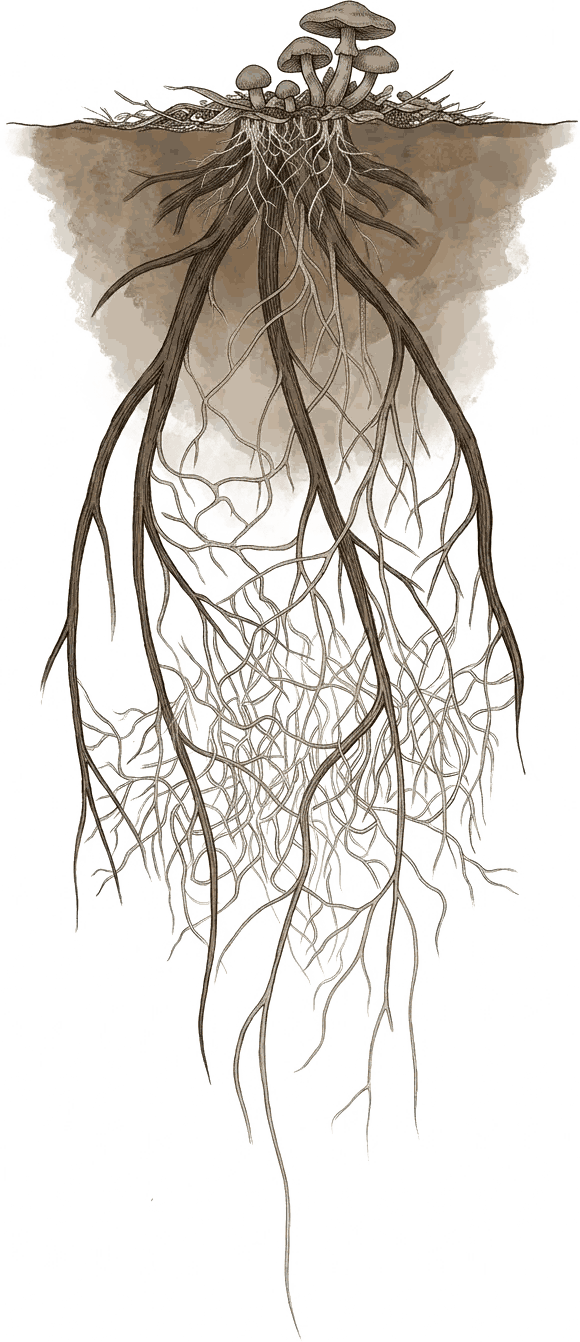 Roots and mycelium intertwined underground, representing ecological consciousness
